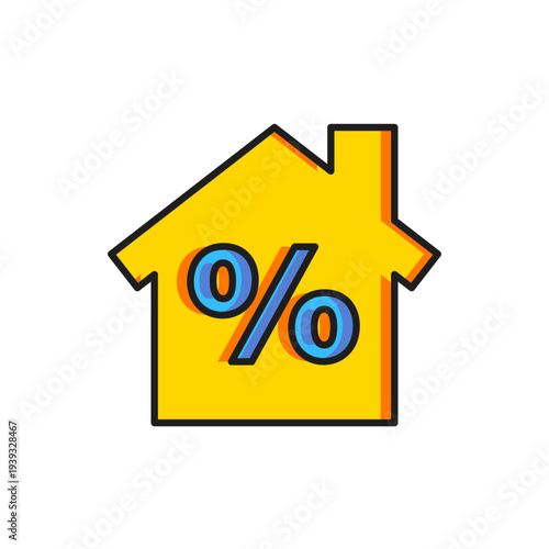 Color House with percant discount tag icon isolated on white background. Real estate home. Credit percentage symbol. Flat filled outline style with shadow. Vector