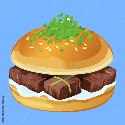 Gourmet slider burger with meat cubes and fresh microgreens for party appetizer - Vector Illustration