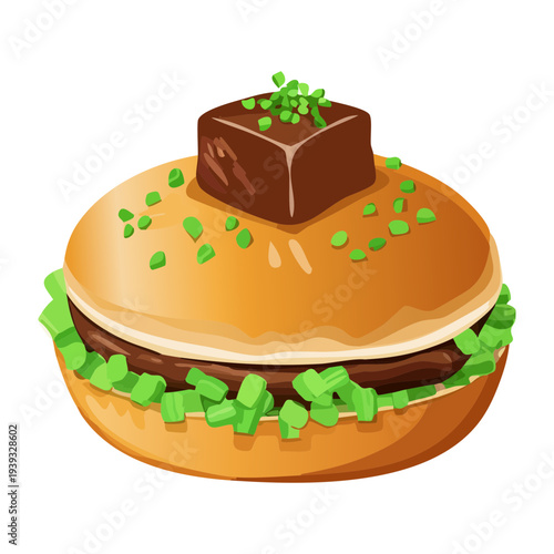 Mini steak burger with fresh green onions and sesame seed bun topping - Vector Illustration