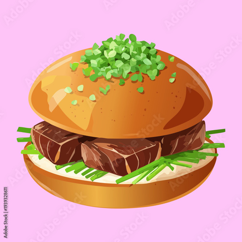 Gourmet beef slider with fresh greens and toasted bun for luxury appetizer - Vector Illustration