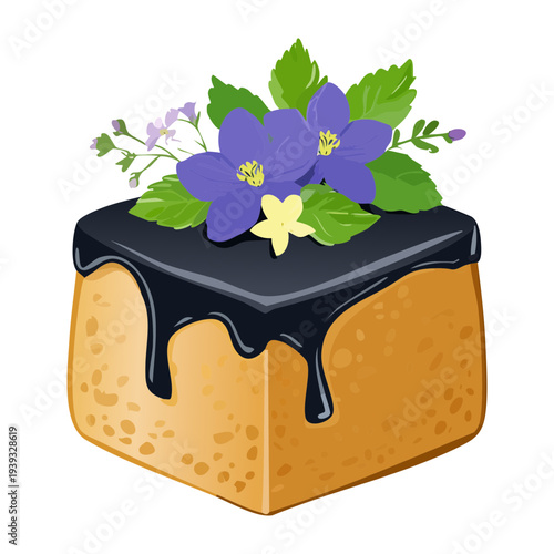 Elegant square cake with dark chocolate glaze and purple flower garnish - Vector Illustration
