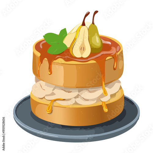 Pear and honey pancake stack with fruit garnish for healthy sweet breakfast - Vector Illustration