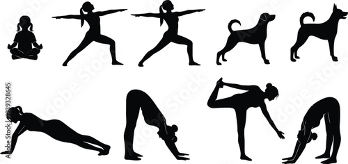 Yoga poses silhouette set with woman and dog poses, meditation and fitness exercise positions isolated vector illustration collection