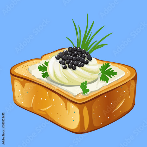 Caviar toast with cream cheese and chive garnish on blue background - Vector Illustration