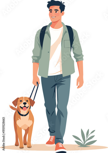 uomo o ragazzo  mentre porta a passeggio il cane vettoriale