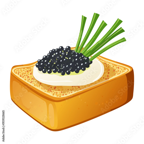 Golden toast topped with black caviar and fresh chive herb sprig - Vector Illustration
