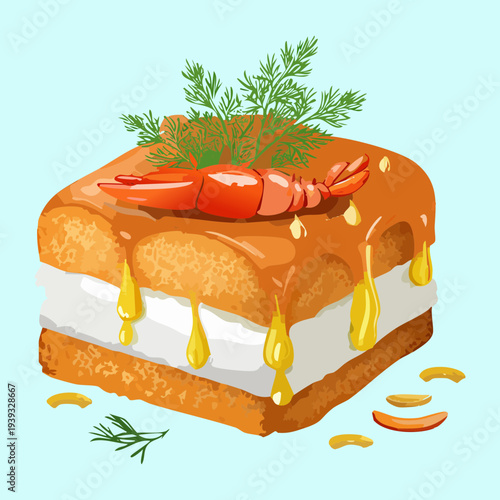 Gourmet seafood sandwich with prawns and golden syrup on toasted bread - Vector Illustration