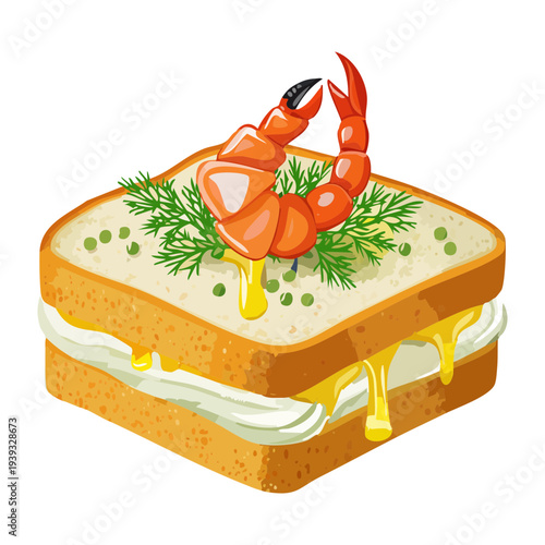 Luxury double decker sandwich with shrimp and honey glaze on light blue - Vector Illustration