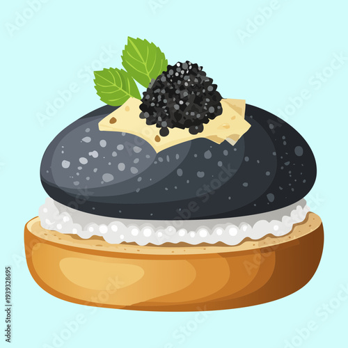 Black bun slider with cream filling and caviar topping for luxury snack - Vector Illustration