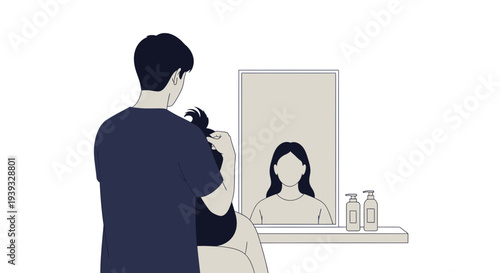 Man taking a photograph of a woman in a mirror reflection.