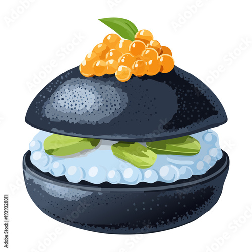 Black bun slider with green herb filling and orange caviar topping - Vector Illustration