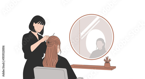 Woman getting her hair styled by a professional hairstylist in a salon.