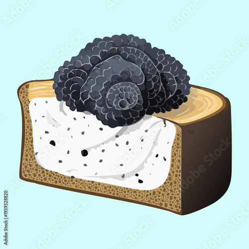 Black bread slice with cream cheese and black caviar luxury topping - Vector Illustration