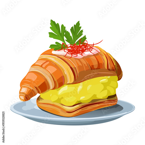 Savory croissant sandwich with fried egg and herb garnish for brunch - Vector Illustration