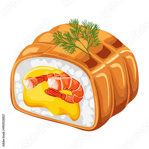 Gourmet salmon pastry roll with creamy filling and fresh green herbs - Vector Illustration