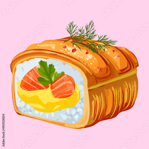 Smoked salmon roll on pastry with herb garnish for seafood appetizer - Vector Illustration