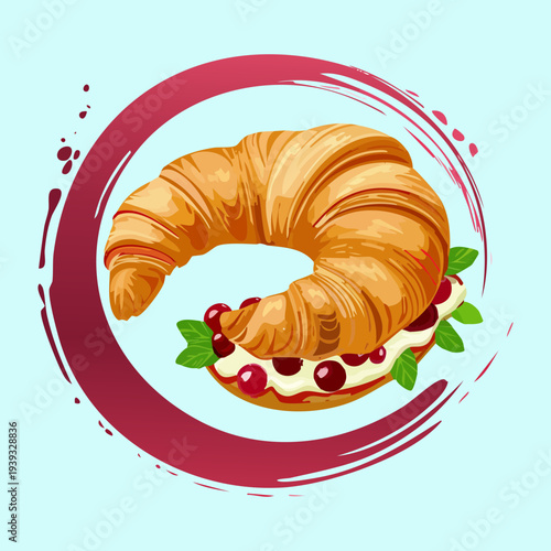 Freshly baked croissant with red fruit filling and decorative circle garnish - Vector Illustration