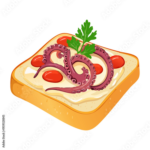 Octopus tentacle on savory toast with tomato and herb garnish for seafood - Vector Illustration
