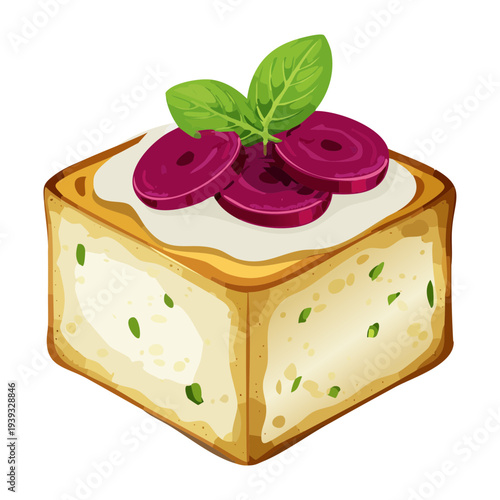 Square savory pastry with beet and herb garnish for vegetarian appetizer - Vector Illustration