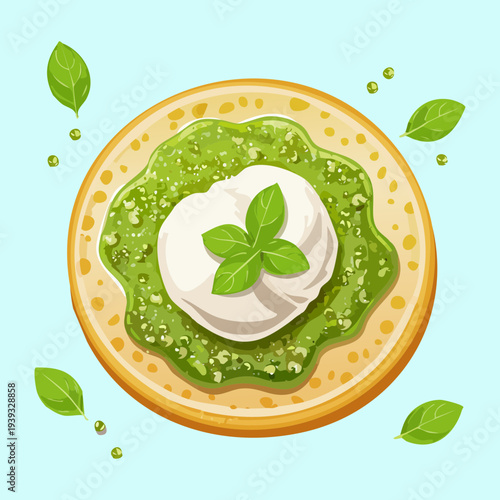 Circular pesto pastry with fresh basil and cream topping for appetizer - Vector Illustration
