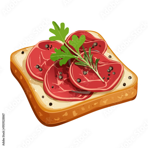 Toasted bread topped with sliced tomatoes and fresh green herb garnish - Vector Illustration