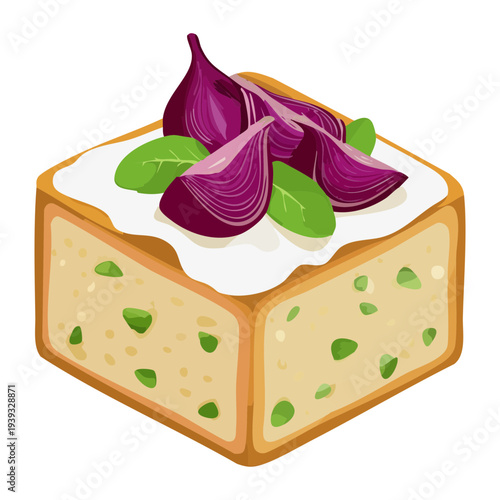 Square savory pastry with purple topping and green herb for appetizer - Vector Illustration