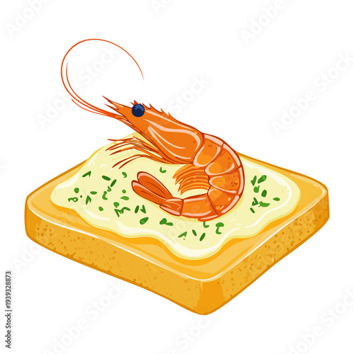 Fresh prawn on savory toast with herb garnish for seafood appetizer - Vector Illustration