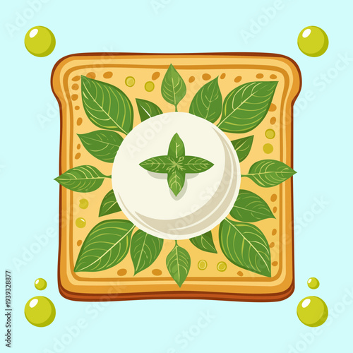 Square savory toast with floral herb pattern and cream cheese base - Vector Illustration