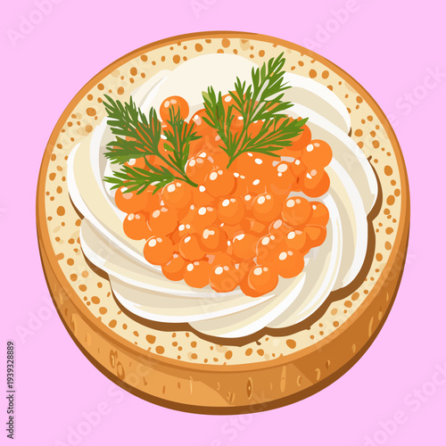 Delicate appetizer with fish eggs and creamy topping on a crispy toasted base decorated with green dill and herbs - Vector Illustration