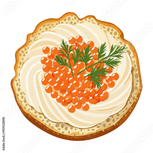 Small open sandwich featuring bright salmon roe and swirl of white spread on toasted bread slice for catering - Vector Illustration