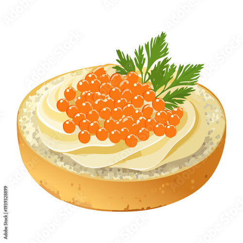 Round toast with orange caviar and cream cheese and herb garnish - Vector Illustration