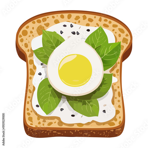 Toasted bread slice with green leafy vegetables and sliced boiled egg for healthy and simple breakfast option - Vector Illustration