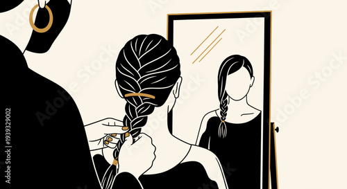 Woman having her hair braided while looking in the mirror.