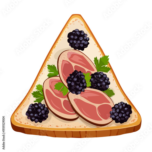 Triangular sandwich with ham and blackberries for creative catering snack and elegant party food presentation ideas - Vector Illustration