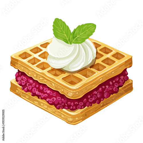 Toasted waffle with white cream and dark berry jam for sweet breakfast and delicious dessert menu design - Vector Illustration