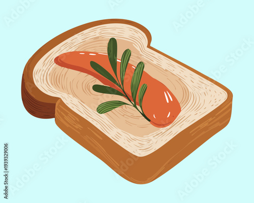 Simple bread slice with sausage and herb garnish for quick snack and easy home meal preparation ideas - Vector Illustration