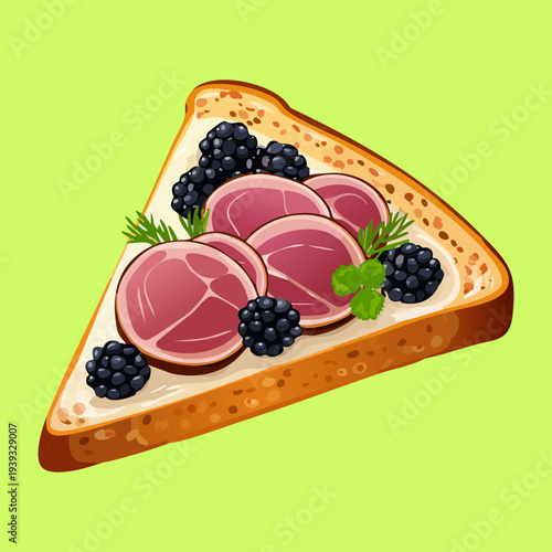 Triangular whole grain bread with thin meat slices and berry garnish for healthy and tasty snack option - Vector Illustration