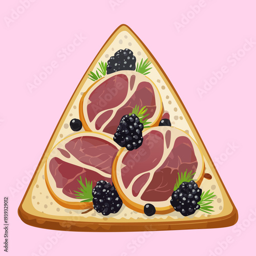 Triangular toast topped with meat slices and dark berries for unique savory and sweet fusion party appetizer - Vector Illustration