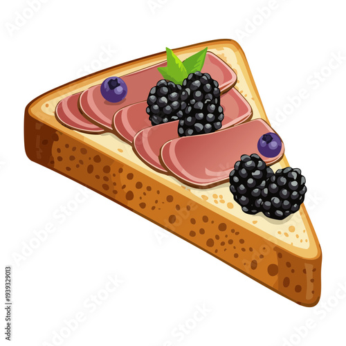 Dark triangular toast with ham and dark berry garnish for sophisticated savory snack and appetizer menu - Vector Illustration