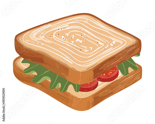 Toasted sandwich with vegetable filling and tomato slices for healthy vegetarian lunch and quick snack option - Vector Illustration