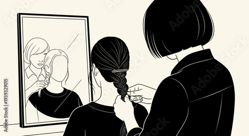 Woman styling another woman's hair in front of a mirror.