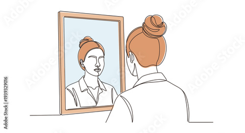 Woman looking at her reflection in the mirror.