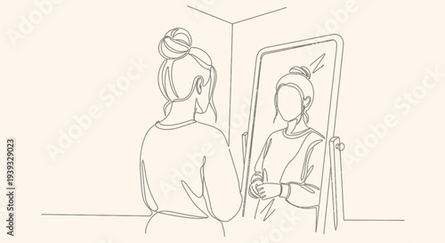 Woman admiring her reflection in a standing mirror.