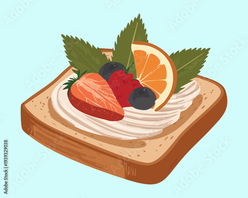 Toasted bread with fruit topping and herb garnish for creative healthy snack and colorful breakfast menu design - Vector Illustration