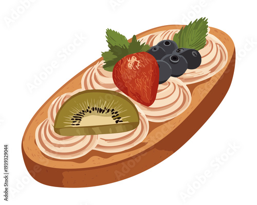 Oval toast topped with fresh fruit slices and green mint leaves for healthy and refreshing breakfast snack - Vector Illustration