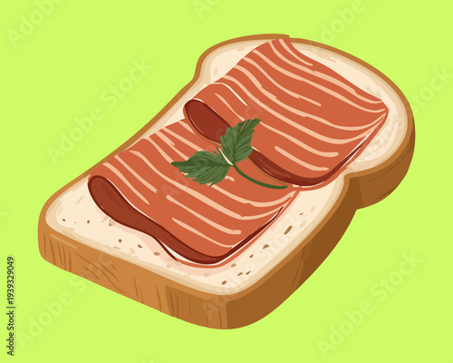 Toasted bread with thin meat slices and herb garnish for savory snack and quick meal preparation ideas - Vector Illustration