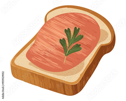 Toast slice with pink spread and herb garnish for simple and tasty appetizer and snack menu design - Vector Illustration