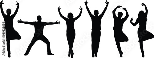 Group of happy jumping people silhouettes, men and women celebrating, dancing and cheering, energetic human figures isolated on white background