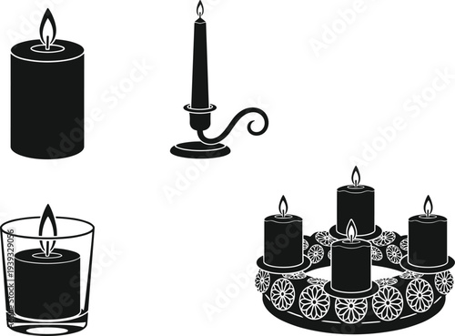 Candle icon set with burning flame, decorative candle holder silhouettes, wax candles collection isolated on white background vector illustration