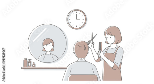 Woman hairstylist cutting man's hair in salon.